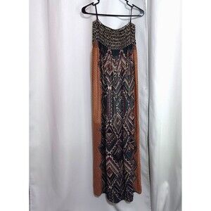 Mona B Maxi Dress Sz M Tribal Geometric & Chevron Print Smocked Top Flowy Skirt